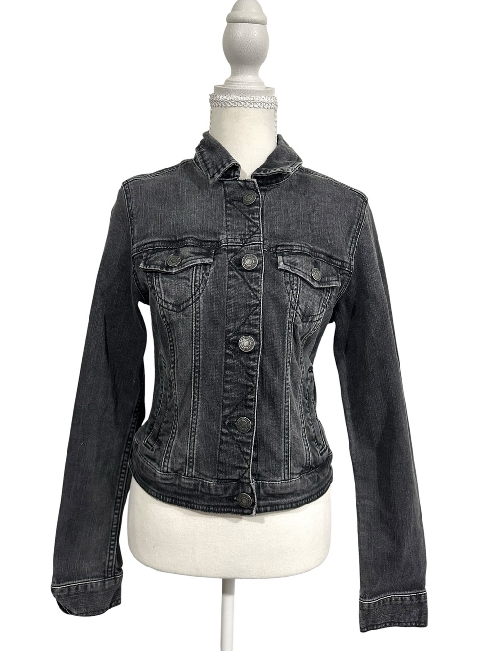 American Eagle Washed Black Denim Moto Jacket Button Up Stretch Gray Size M